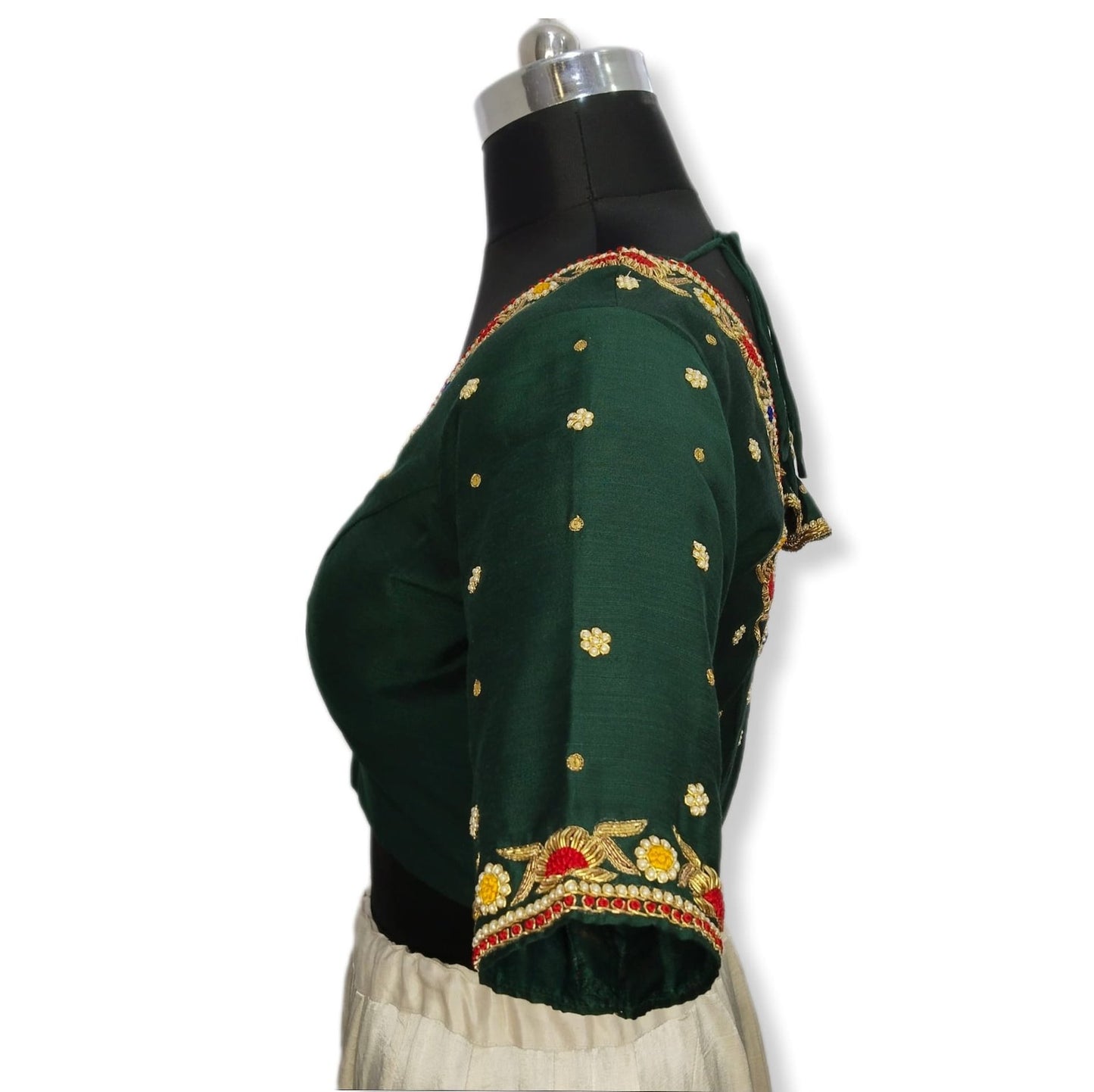 Floral Zardozi Handcrafted Designer Blouse (Bottle Green)