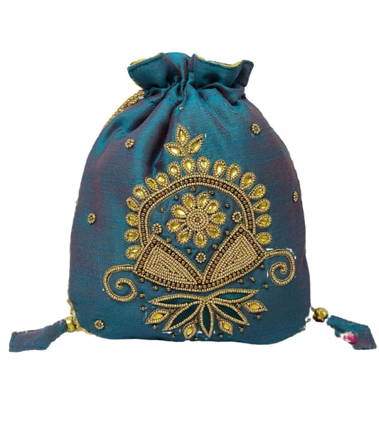 Beautiful beads work potli batwa (Peacock Blue)