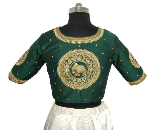 Regal Elephant Handcrafted Zardozi Blouse (Bottel Green)