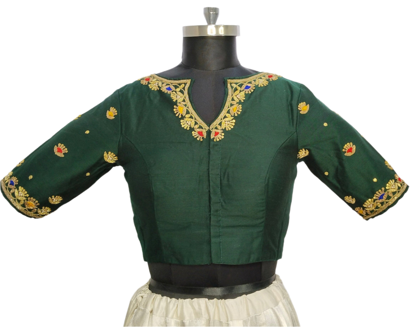 Handcrafted Blouse with Traditional Zardozi Embroidery (Bottle Green)