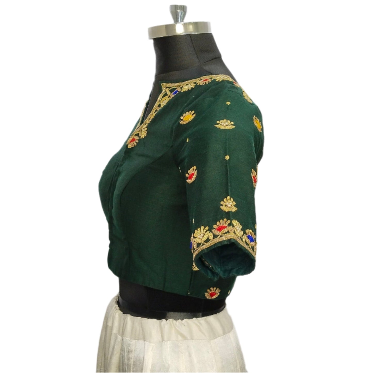 Handcrafted Blouse with Traditional Zardozi Embroidery (Bottle Green)