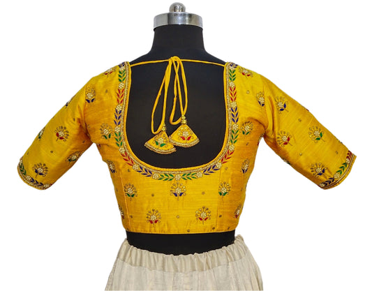 Heritage Blouse – Zardozi Embroidered with Round cut Design (Mustard Yellow)