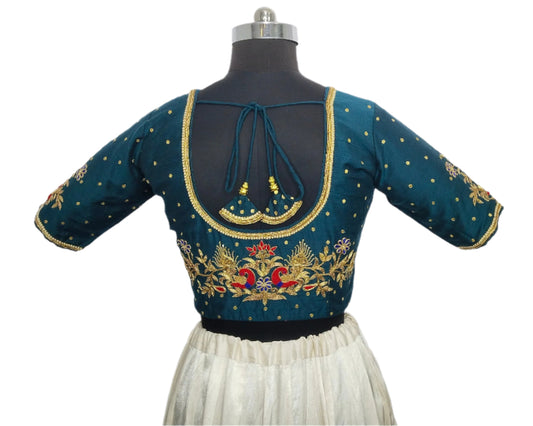 Beautiful Peacock Zardozi Designer Blouse (Turkish Blue)