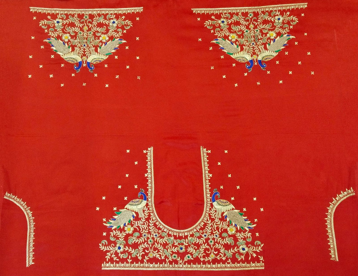 Majestic Peacock Embroidered Blouse Fabric (Red)