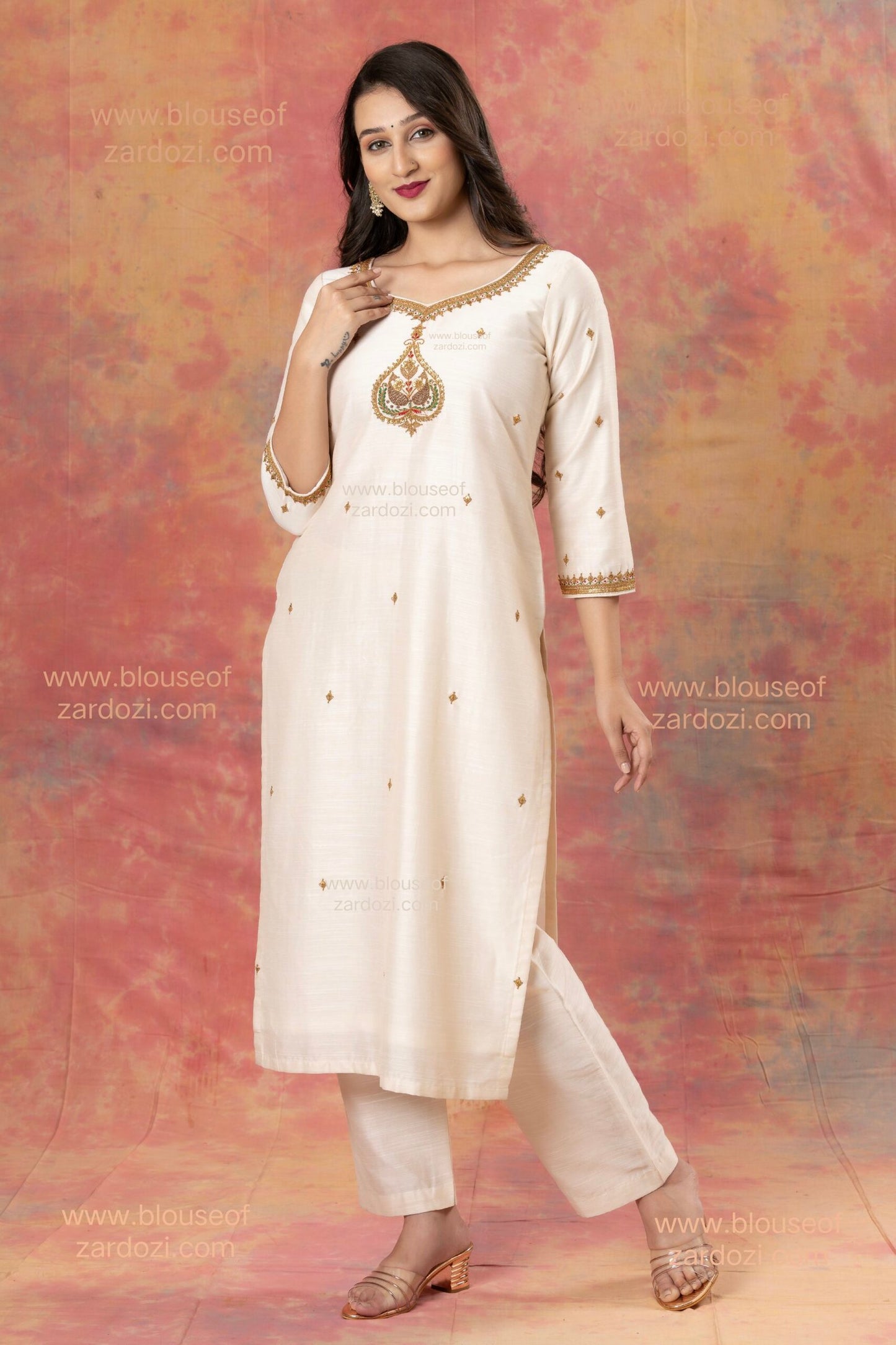 Cream Marodi Work Designer Kurta Set