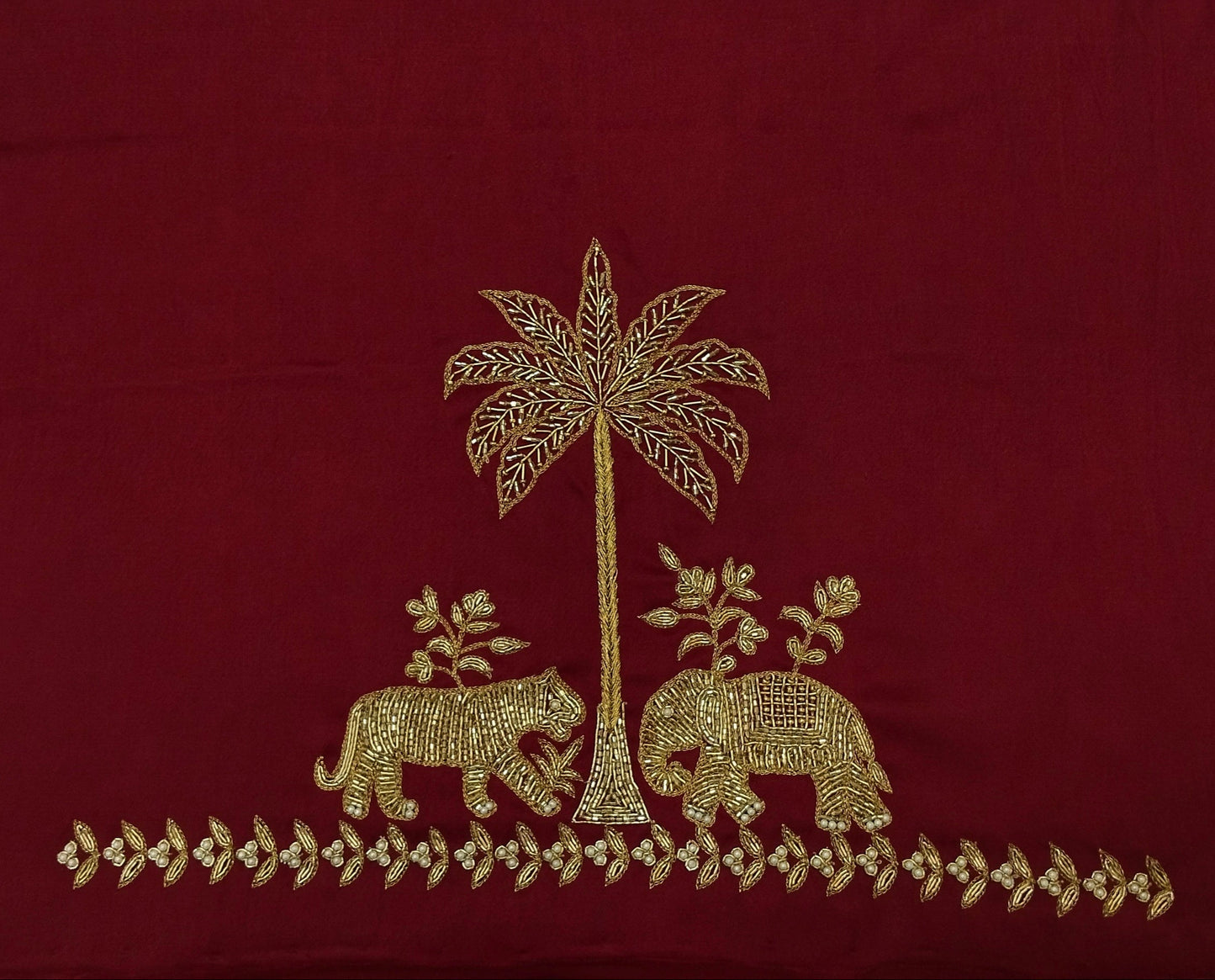 Majestic Elephants & Lions Embroidered Blouse (Maroon)
