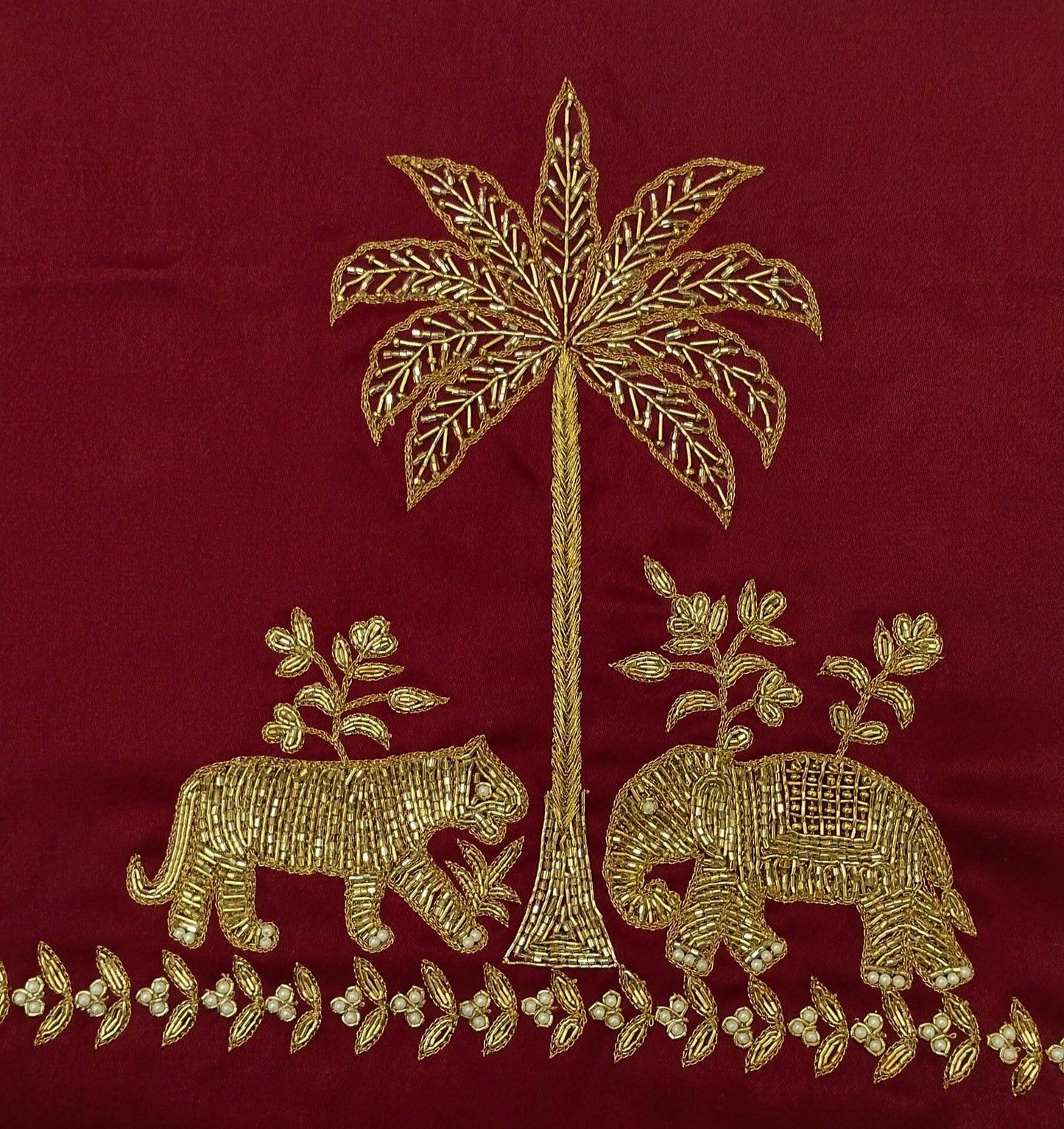 Majestic Elephants & Lions Embroidered Blouse (Maroon)