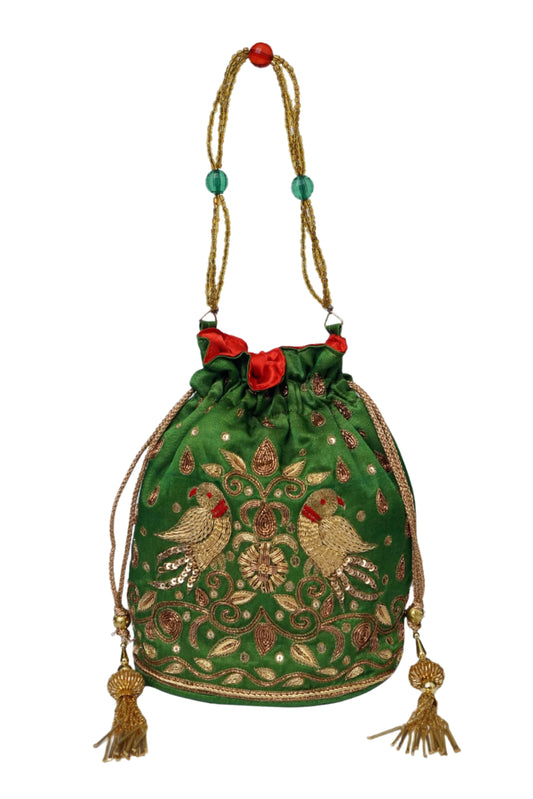 Beutyful Parrot Zardozi Work Potli Batwa (Parrot Green)