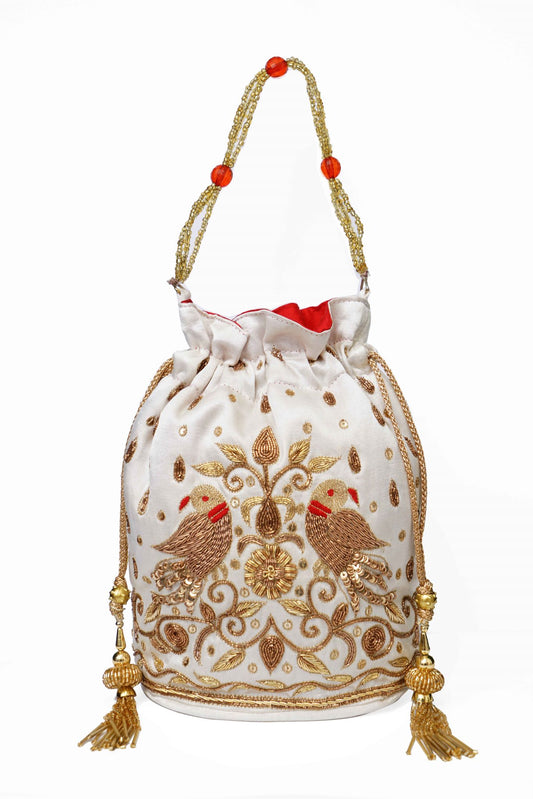 Beutyful Parrot Zardozi Work Potli Batwa (Off White)