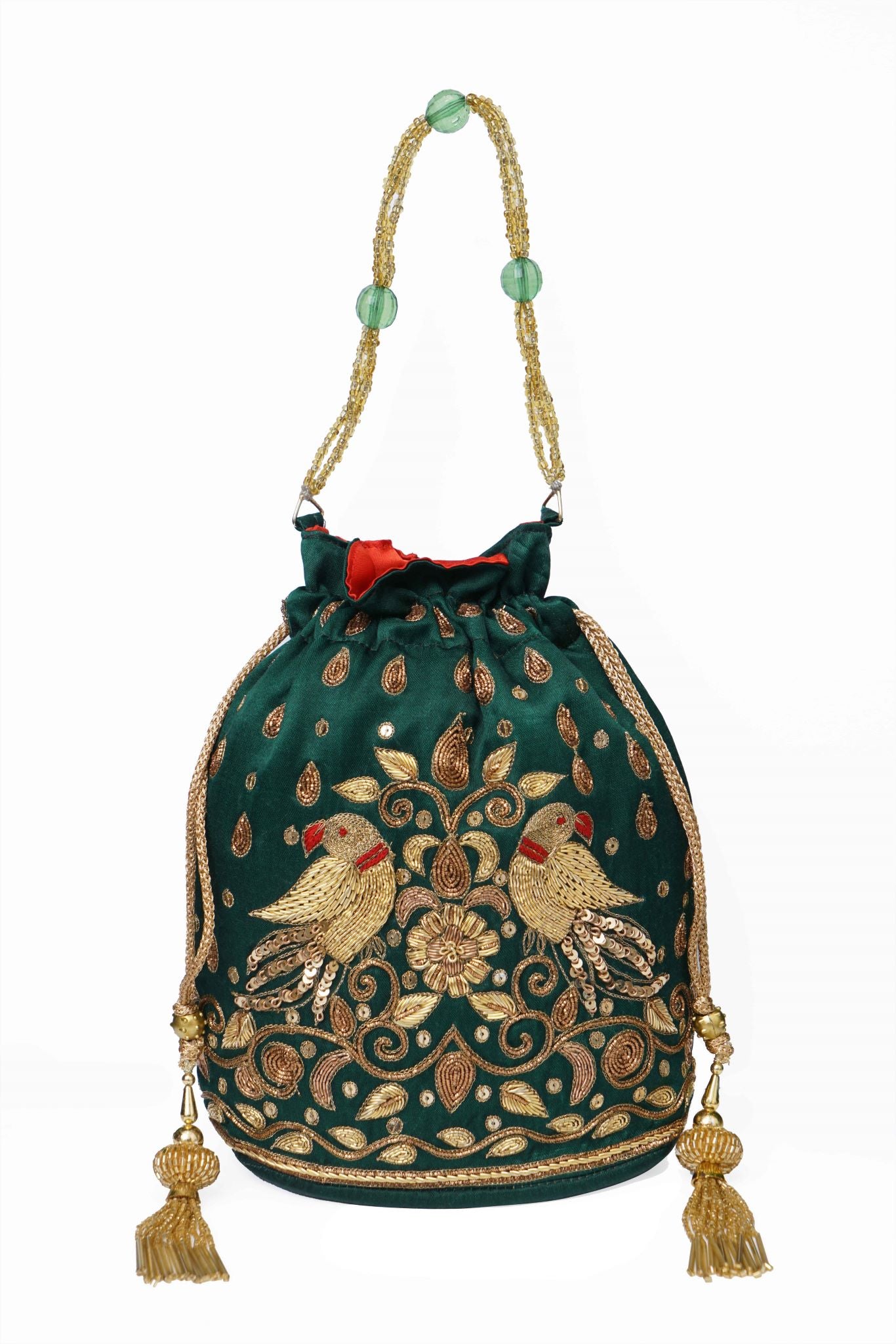 Beutyful Parrot Zardozi Work Potli Batwa (Bottel Green)