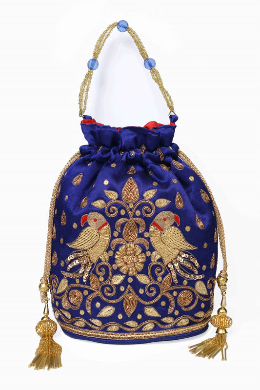 Beutyful Parrot Zardozi Work Potli Batwa (Royal Blue)