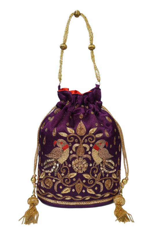 Beutyful Parrot Zardozi Work Potli Batwa (Purple)
