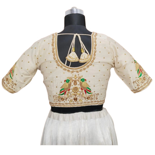 Gujarati Patola Blouse – Parrot Motif (White)