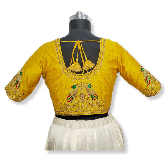 Gujarati Patola Blouse – Parrot Motif (Mustard Yellow)