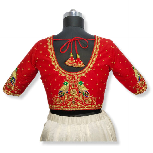 Gujarati Patola Blouse – Parrot Motif (Red)