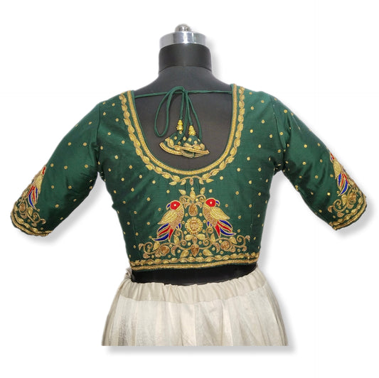 Gujarati Patola Blouse – Parrot Motif (Bottle Green)