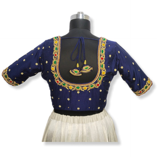 Floral Zardozi Handcrafted Designer Blouse (Navy Blue)