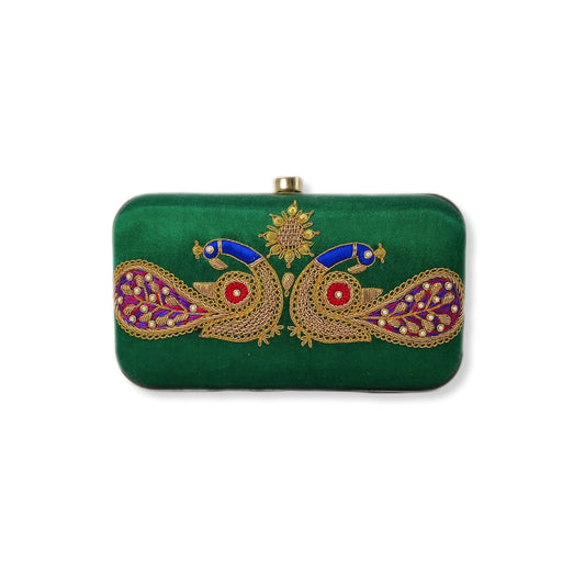 Beautiful Peacock Marodi Work Box Clutch (Green)