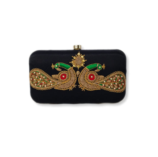 Beautiful Peacock Marodi Work Box Clutch (Black)