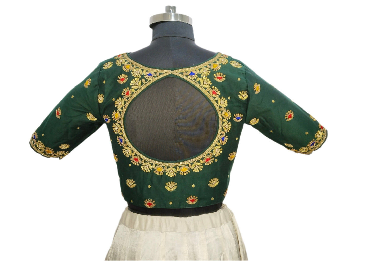 Handcrafted Blouse with Traditional Zardozi Embroidery (Bottle Green)