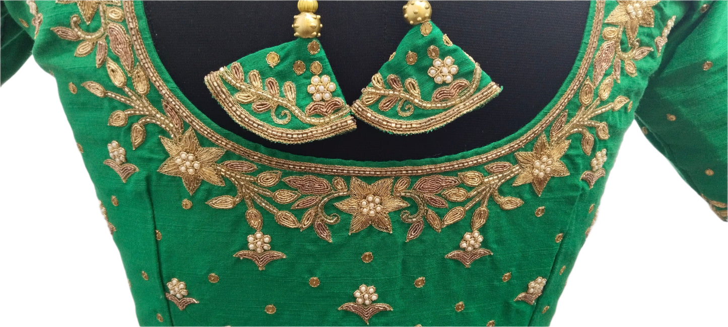 Queen's Blossom Zardozi Work Blouse (Green)