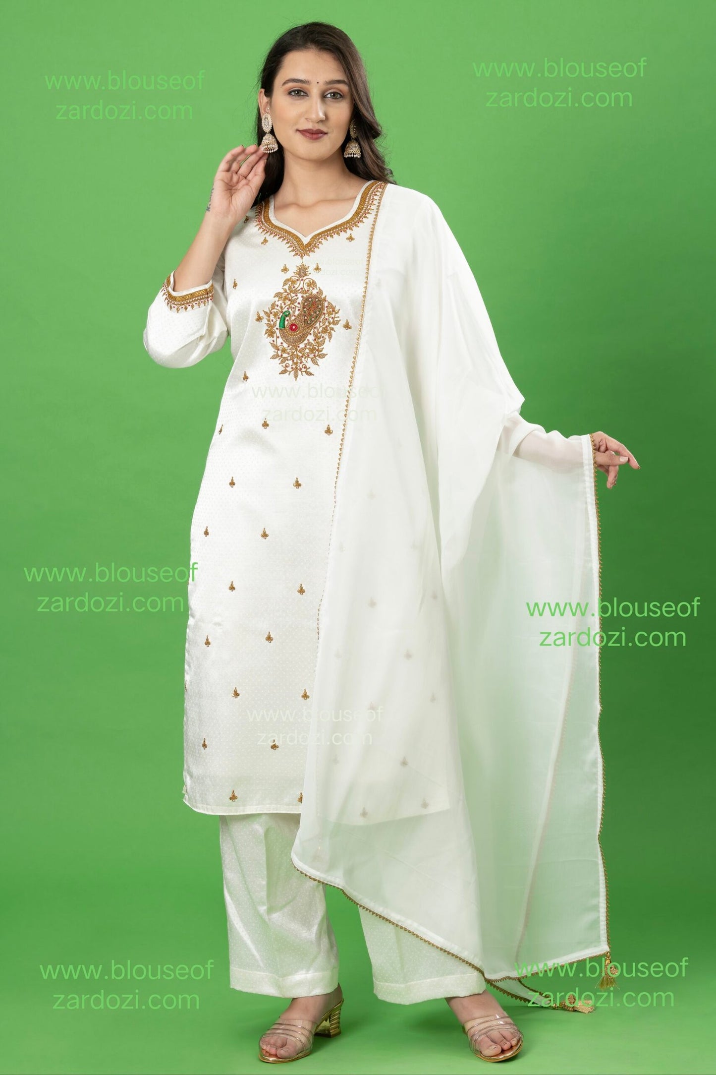 Off White Gaji Marodi Work Designer  Readymade Plazo Suit