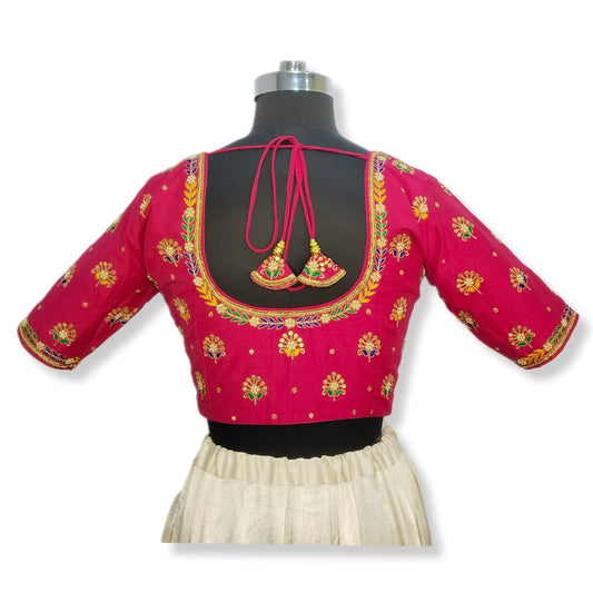 Heritage Blouse – Zardozi Embroidered with Round cut Design (Pink)