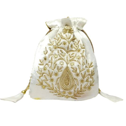 Beautiful Zardozi  Work Potli Batwa (White)