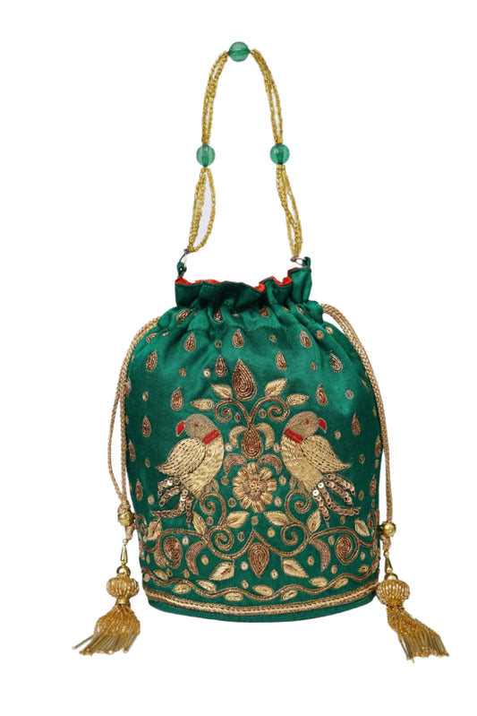 Beutyful Parrot Zardozi Work Potli Batwa (Green)