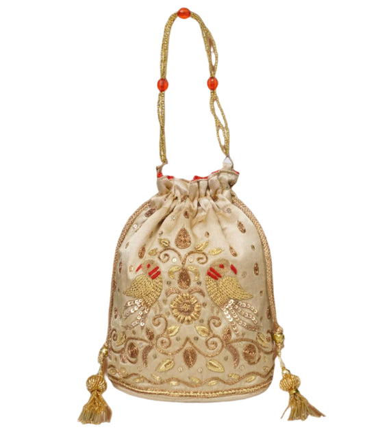 Beutyful Parrot Zardozi Work Potli Batwa (Ivory)
