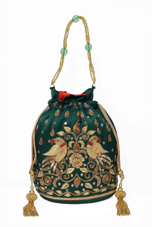 Beutyful Parrot Zardozi Work Potli Batwa (Bottel Green)