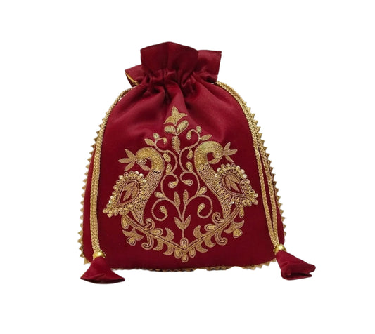 Peacock Zardozi Potli Batwa (Maroon)