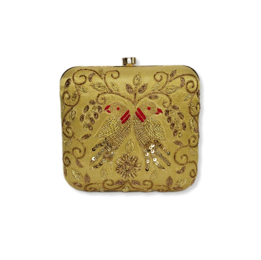 parrot zardozi  Work Box Clutch ( Golden)
